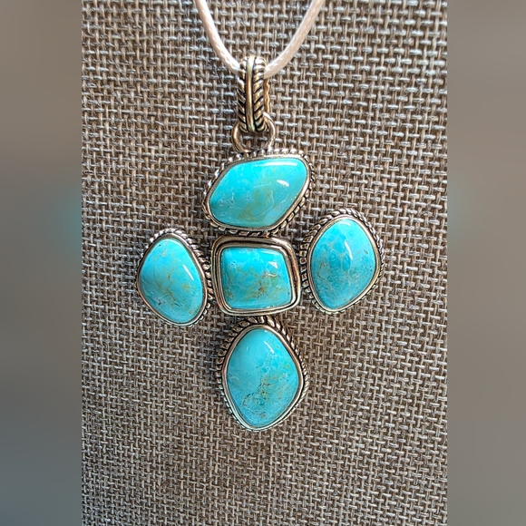 BARSE Turquoise Cross Pendant Necklace VINTAGE Gold Tone - Picture 5 of 6
